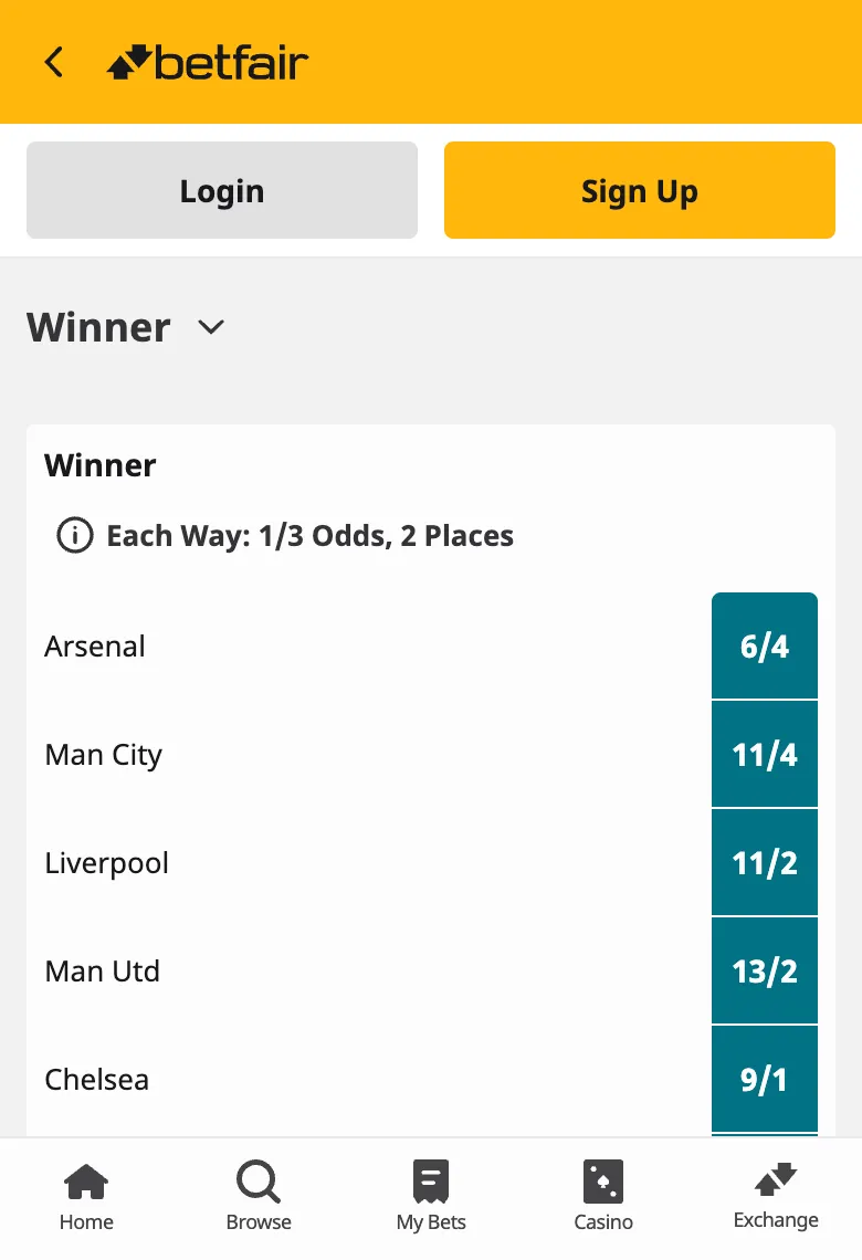Betfair Premier League Odds