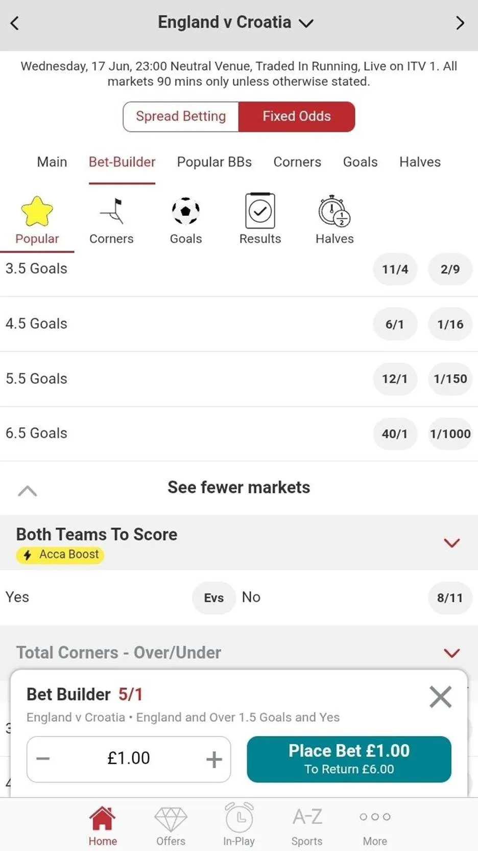 Bet Builder pricing on England vs Croatia World Cup match