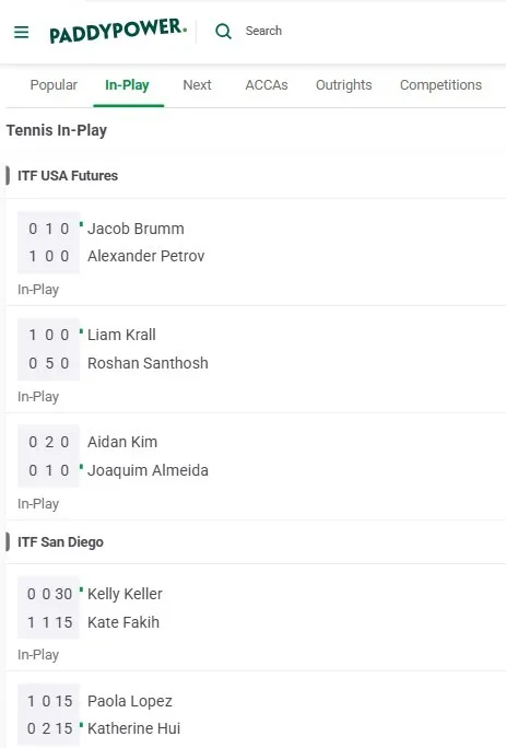 Paddy Power in-play tennis page listing live ITF USA Futures and ITF San Diego matches with current set scores