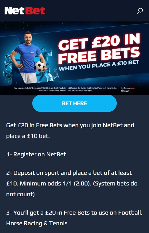 netbet promotion £20 free bets when you place a £10 bet