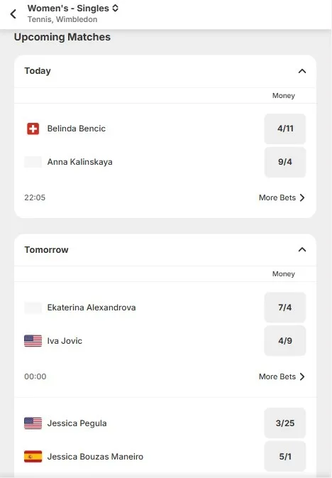 Betway tennis betting app showing Wimbledon women's singles odds for Bencic, Alexandrova and Pegula